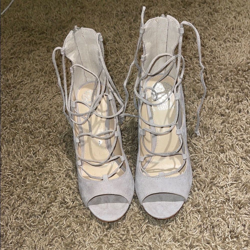 Light Gray Lace-Up Suede Heels